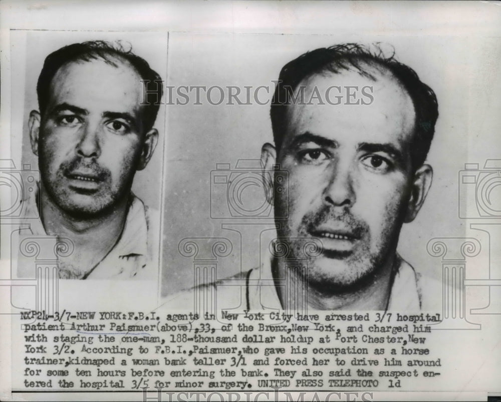 1956 Press Photo Arthur Paisnuer Mugshot, Charged w Port Chester Bank Robbery - Historic Images