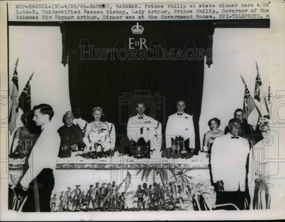 1959 Press Photo Nassau Bahamas Prince Phillip at State dinner Unidentified - Historic Images