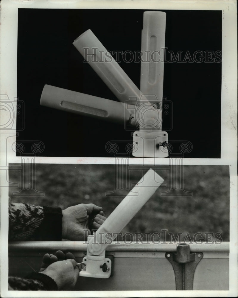 1969 Press Photo Fishing rod holder for boat mount to tend the rods -  Historic Images