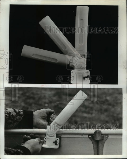 1969 Press Photo Fishing rod holder for boat mount to tend the rods - Historic Images