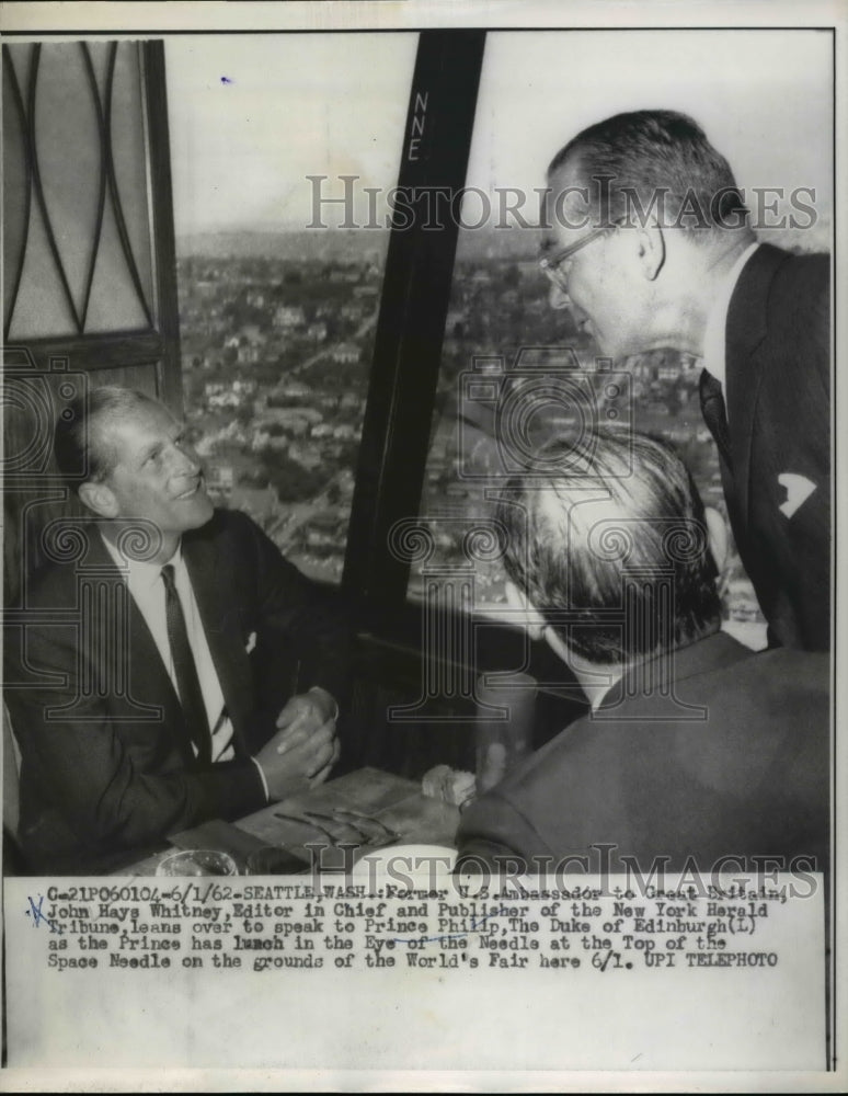 1962 Press Photo Editor John Hays Whitney with Prince Philip in Space Needle - Historic Images