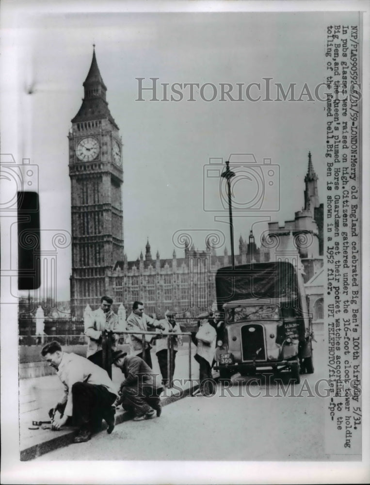 1959 Press Photo of 1952 Photo Big Ben 100th Birthday in London Horse Guardsmen - Historic Images