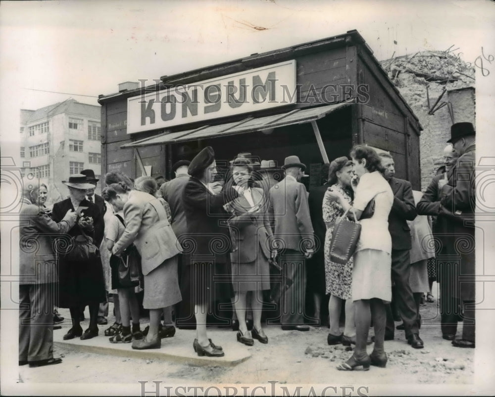 1949 Leipzigers look and buy at a soviet licensed hot dog stand-Historic Images