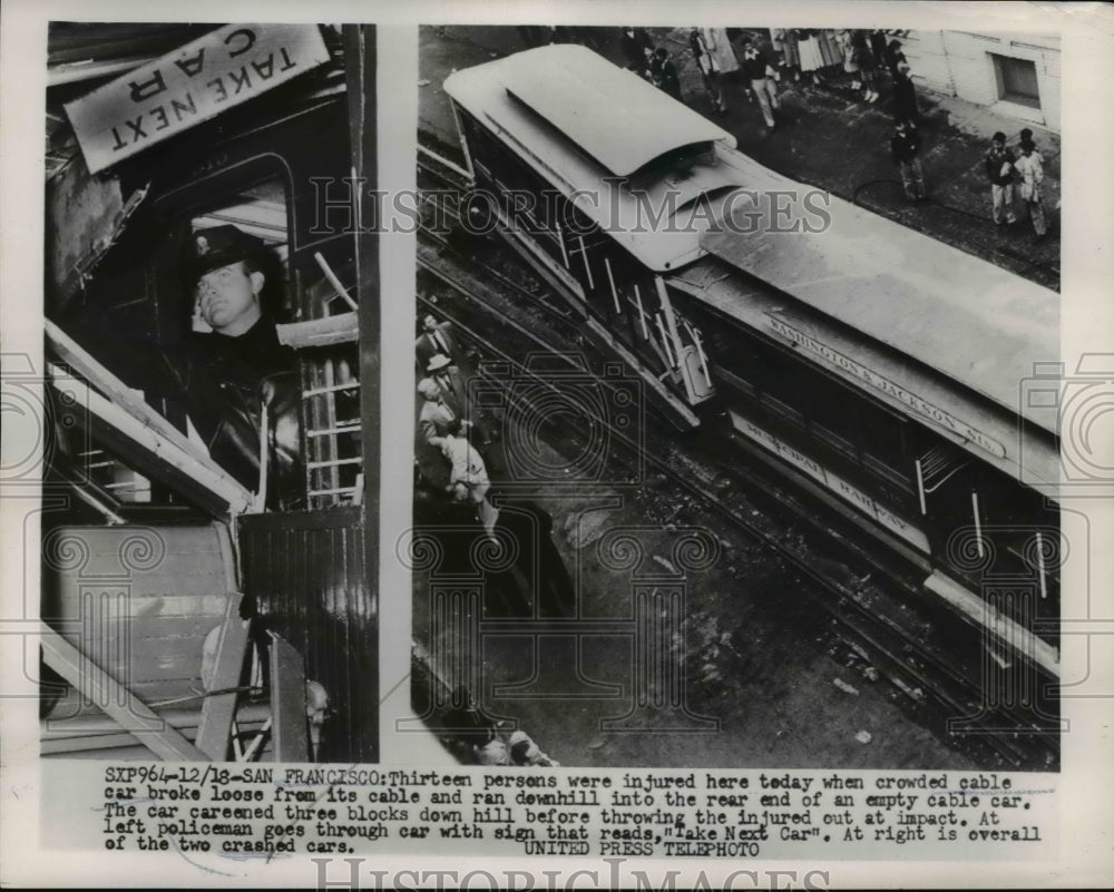 1953 Press Photo Crashed Runaway Cable Car Accident in San Francisco California - Historic Images