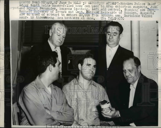 1959 Press Photo Hoboken Police Chief Edgar Scott, Extortion Attempt Suspects - Historic Images