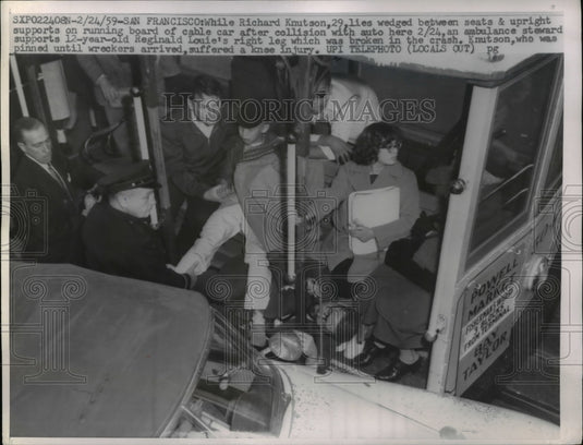 1959 Press Photo Richard Knutson, 29, lies wedged between seats & upright - Historic Images