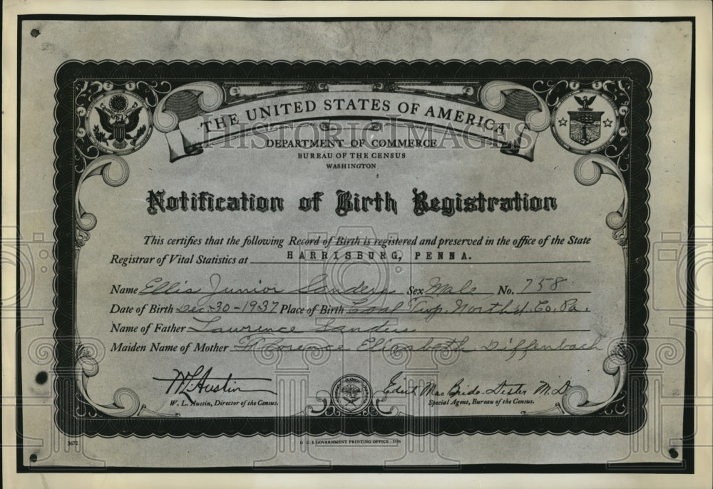 1938 Press Photo USA notice of Birth registration Mrs LD Sanders - Historic Images