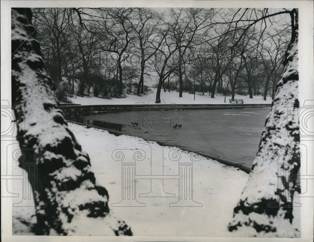 1947 Press Photo Snow covered the Chicago Lincoln Park in Chicago - Historic Images