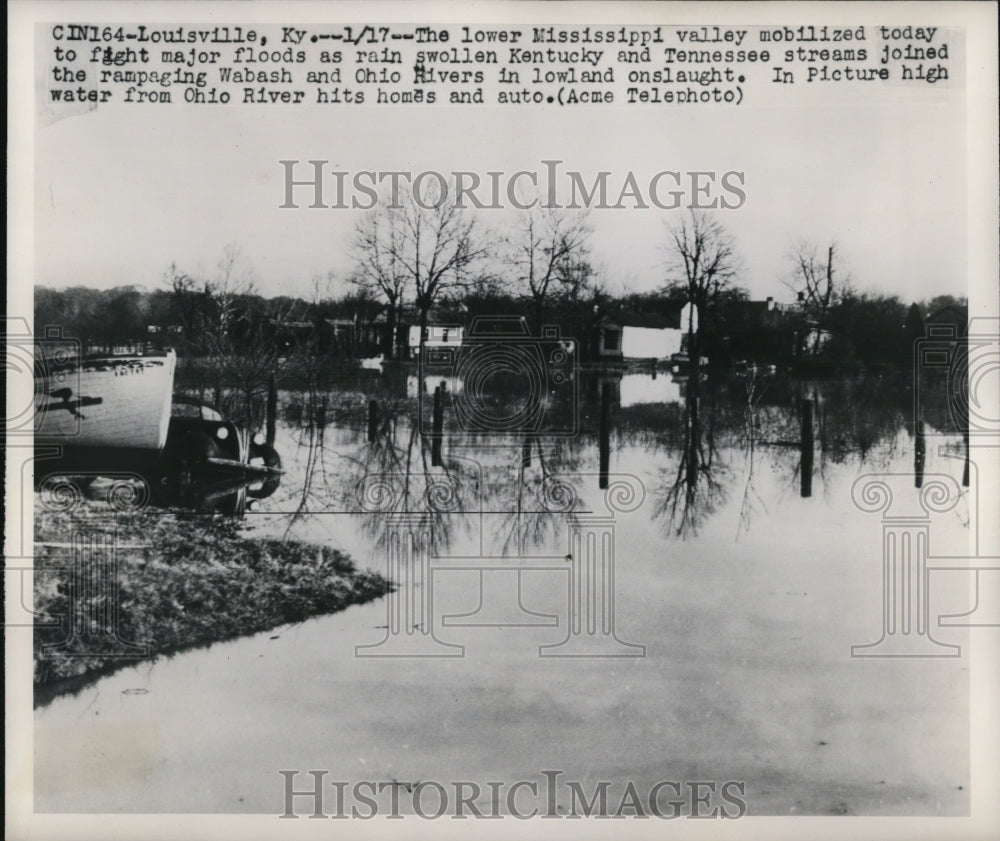 1950 Press Photo Flooded Ohio River Floods Homes and Autos - Historic Images