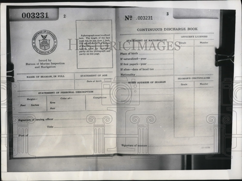 1937 Press Photo Seaman&#39;s  discharge book due to Copeland Maritime Act - Historic Images