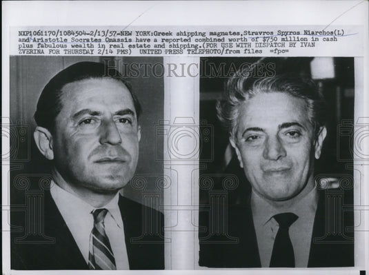 1957 Press Photo Stravros Spyros Niarchos and Aristotle Socrates Onasis - Historic Images