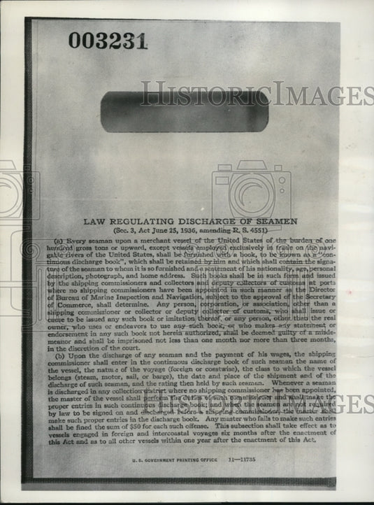 1937 Press Photo Front page of the Seamen's Continuous Discharge Book - Historic Images