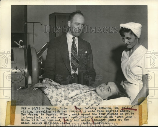 1948 Press Photo Mrs. D. McKenna, polio victim, husband, John, & nurse, R. Hager - Historic Images