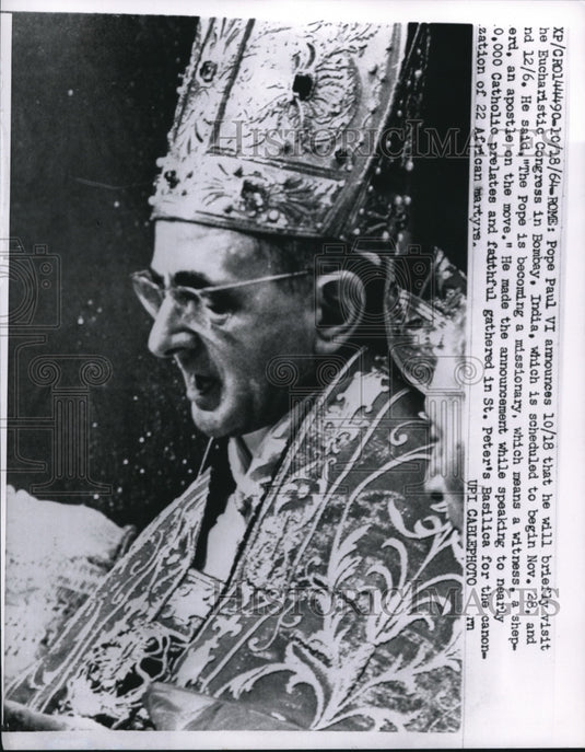 1964 Press Photo Pope Paul VI, announces that he will briefly visit the - Historic Images