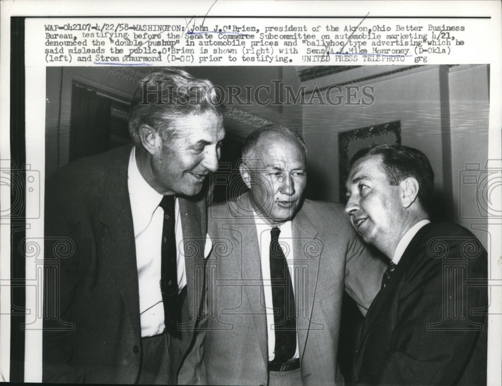 1958 Press Photo John J. O&#39;Brien testifies before Senate Commerce Subcommittee - Historic Images