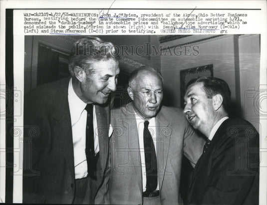 1958 Press Photo John J. O'Brien testifies before Senate Commerce Subcommittee - Historic Images