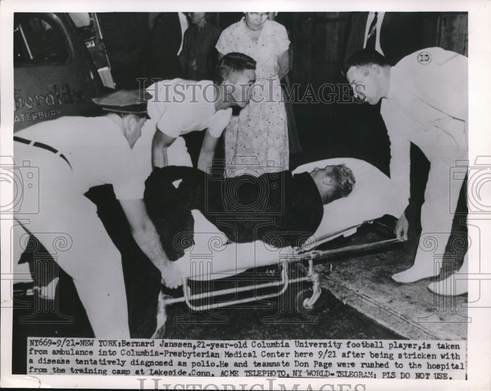 1951 Press Photo B. Janssen taken from ambulance into Columbia Medical Center - Historic Images