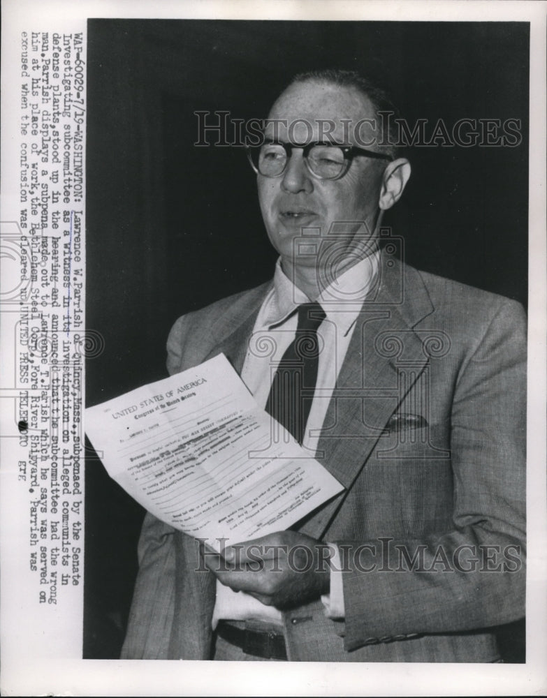 Press Photo L.W. Parrish in communist hearing with investigating subcommittee - Historic Images