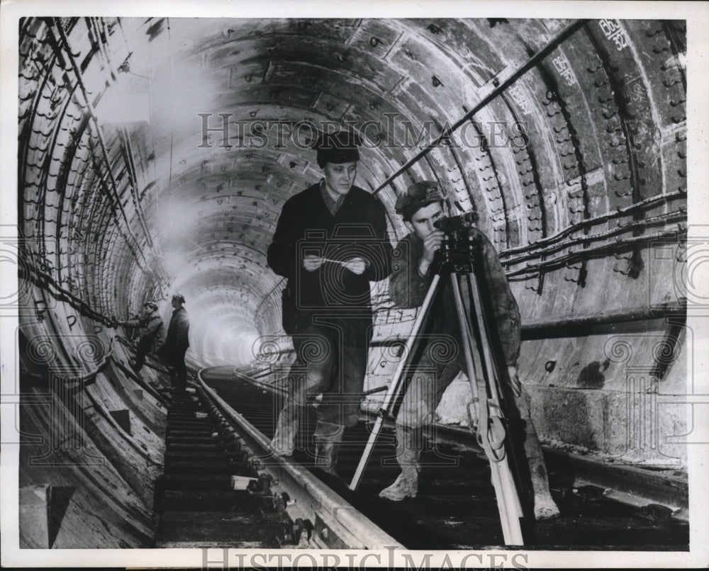 1959 Lady Soviet Surveyor scans tracks of new Subway in Kiev, Russia-Historic Images