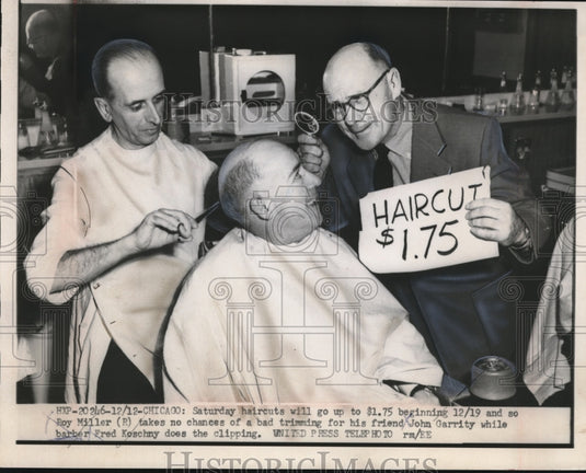 1953 Press Photo R. Miller  watches friend J. Garrity as barber F. Koschney cuts - Historic Images