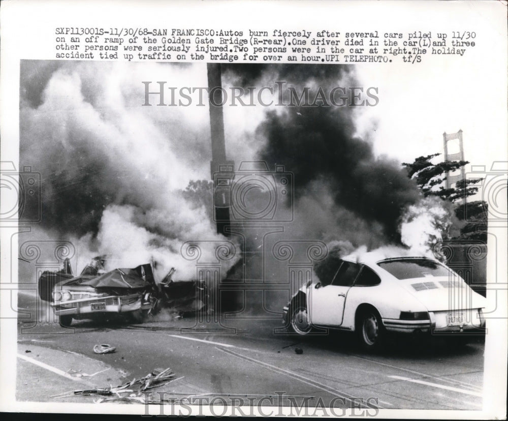 1968 Autos burn after cars piled up at Golden Gate Bridge-Historic Images