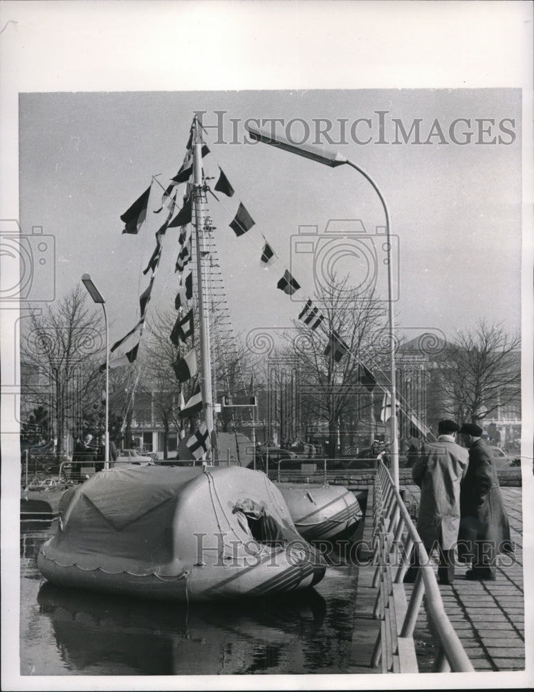 1957 Press Photo Rubberized houseboat at Annual Spring Fair in Leipzig, Germany - Historic Images