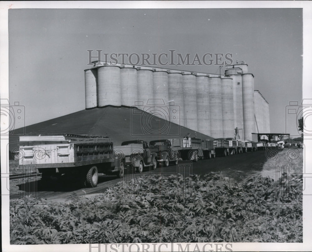 1954 Press Photo Topeka Kan a long line of dump trucks wait to dump loads of - Historic Images