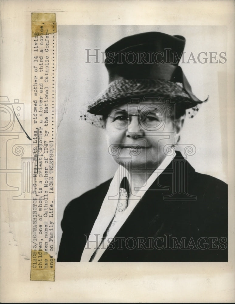 1947 Press Photo Mrs. Math Lies, has been named Catholic Mother of 1947 - Historic Images