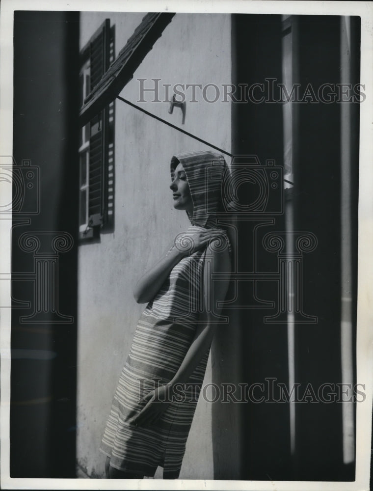 1962 Press Photo Model Wears Nehru Cotton Knit Fleece Striped Coat by Hartog - Historic Images