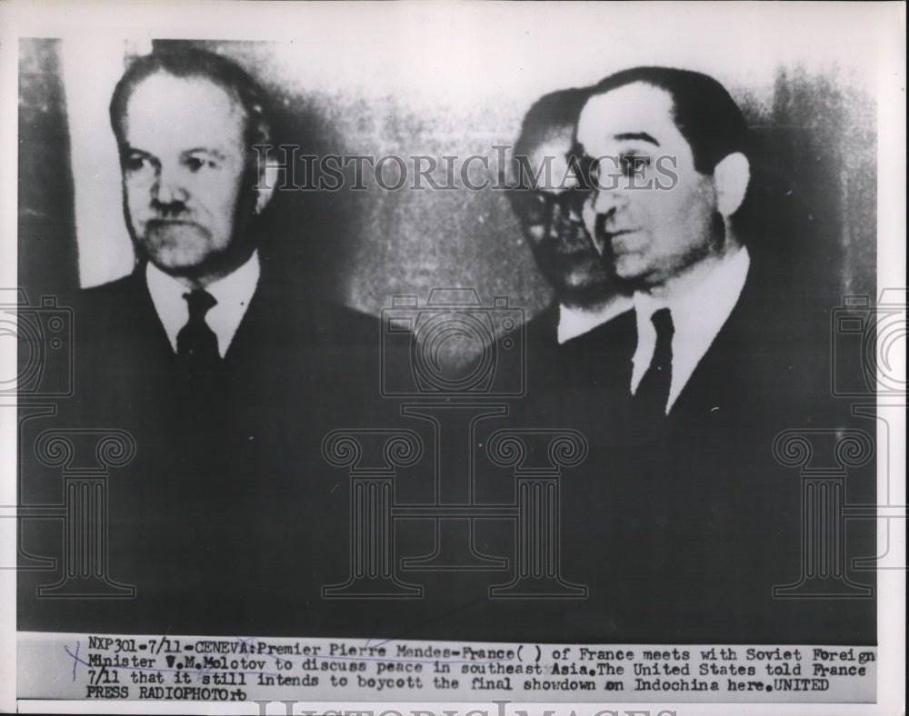 1954 Press Photo Premier Pierre Mendes-France, Soviet Minister V.M. Molotov - Historic Images