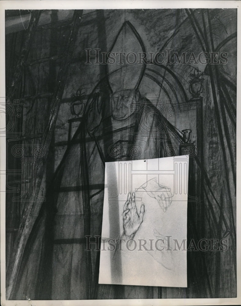 1959 Press Photo Pope&#39;s hands drawing exhibited in Paris - Historic Images