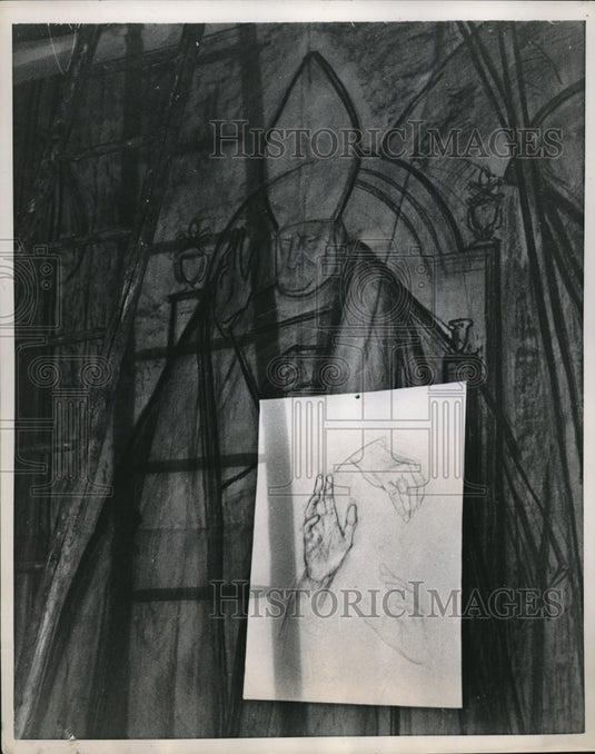 1959 Press Photo Pope's hands drawing exhibited in Paris - Historic Images