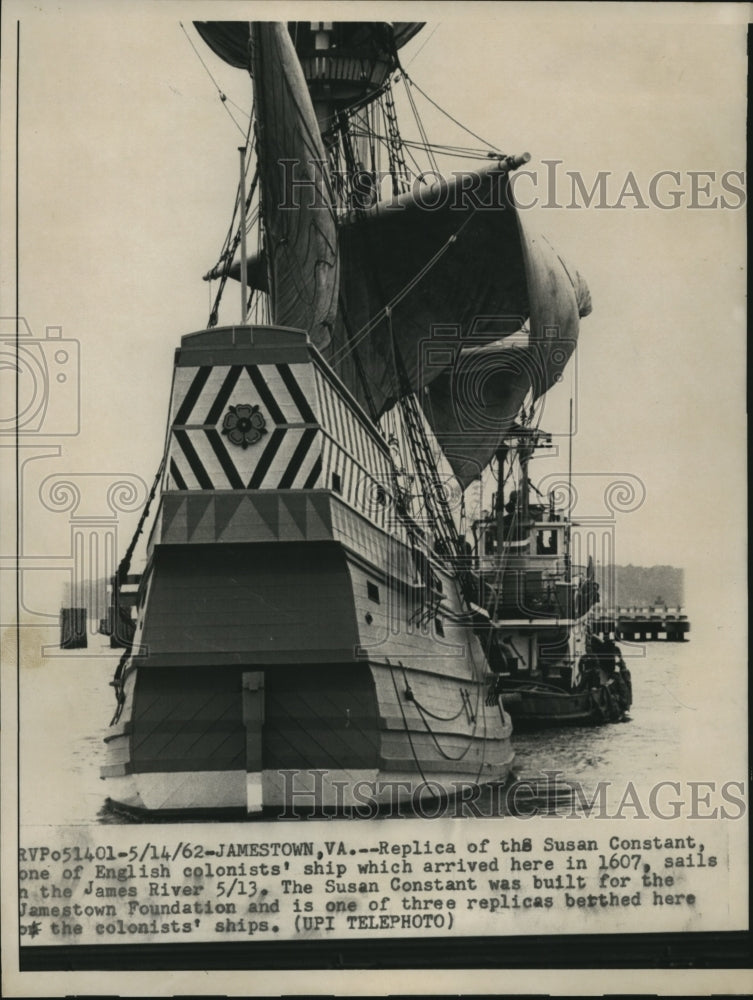 1962 Press Photo Susan Constant English Colonist Ship Replica, Jamestown VA - Historic Images