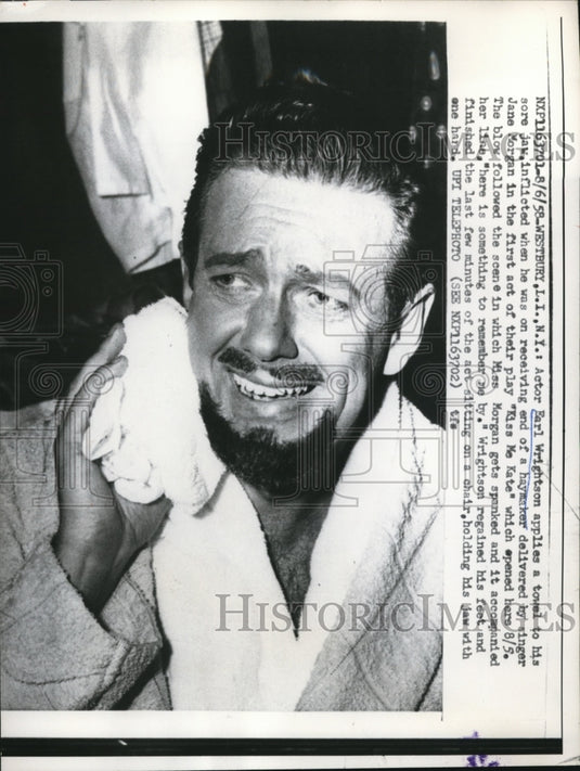 1958 Press Photo Westbury NY actor Earl Wrightson punched by Jane Morgan - Historic Images