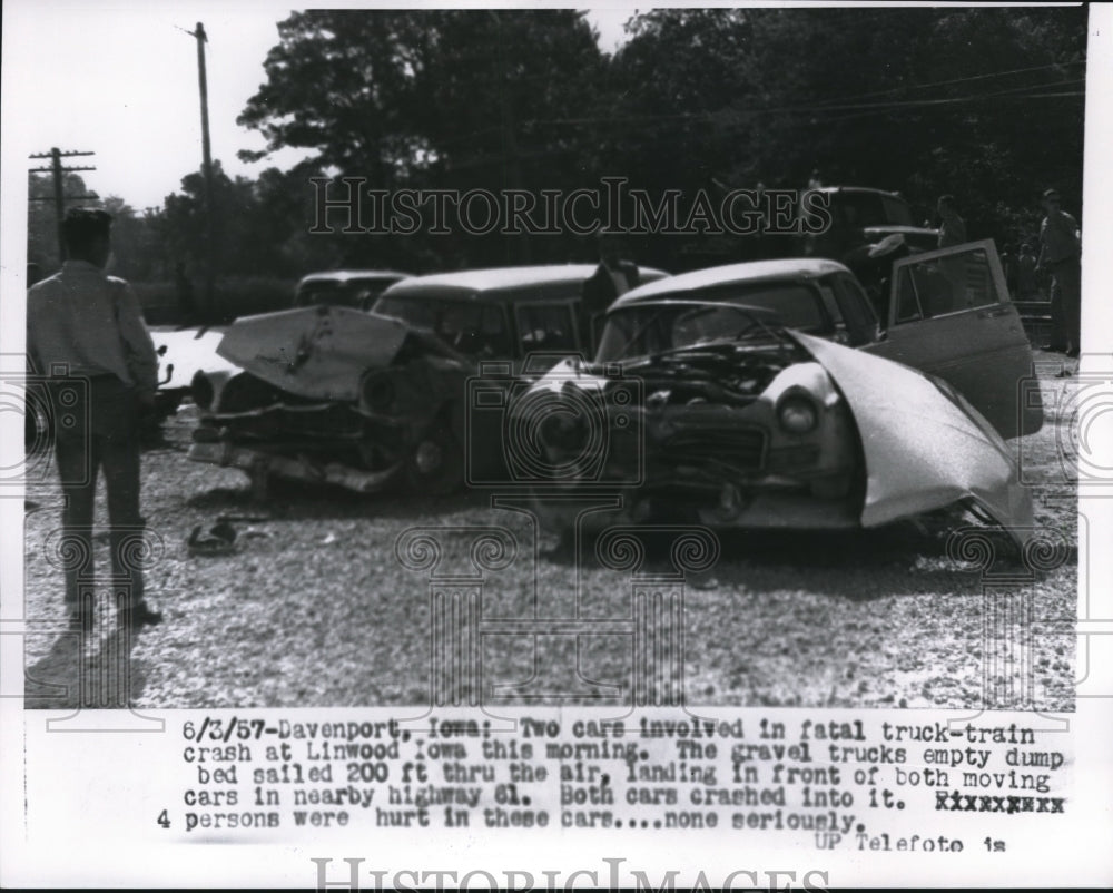 1957 Press Photo Two cars involved in a fatal truck train crash in Linwood - Historic Images