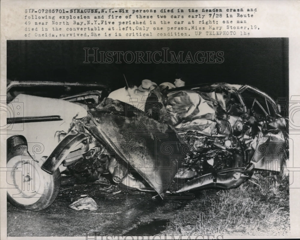 1957 Press Photo Crash and explosion of two carsh in Route 49 North Bay N.Y. - Historic Images