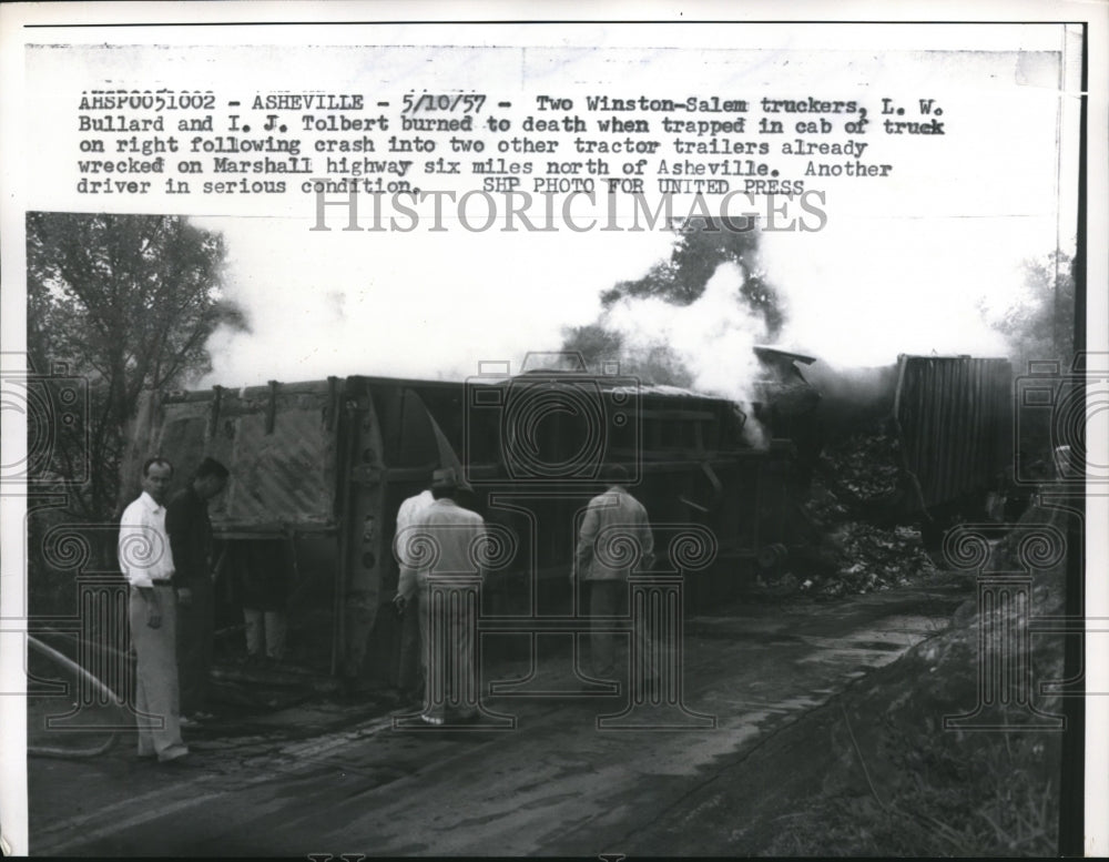 1957 Press Photo 2 Winston-Salem truckers, L.W. Bullard &amp; I.J. Tolbert burned - Historic Images