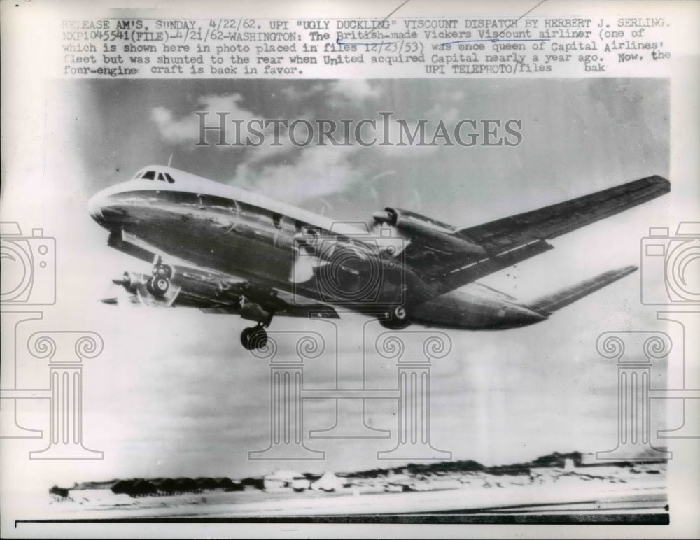 1962 Press Photo British-made Vickers Viscount Airliner - Historic Images