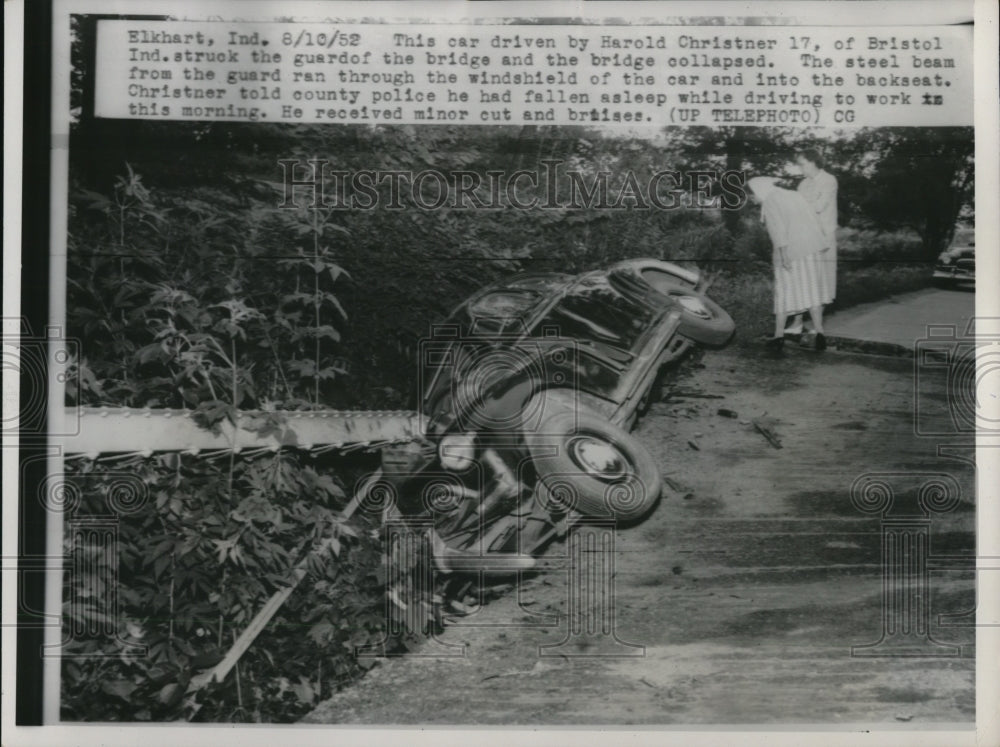 1952 Press Photo Harold Christner 17 got injured when struck guardof the bridge - Historic Images