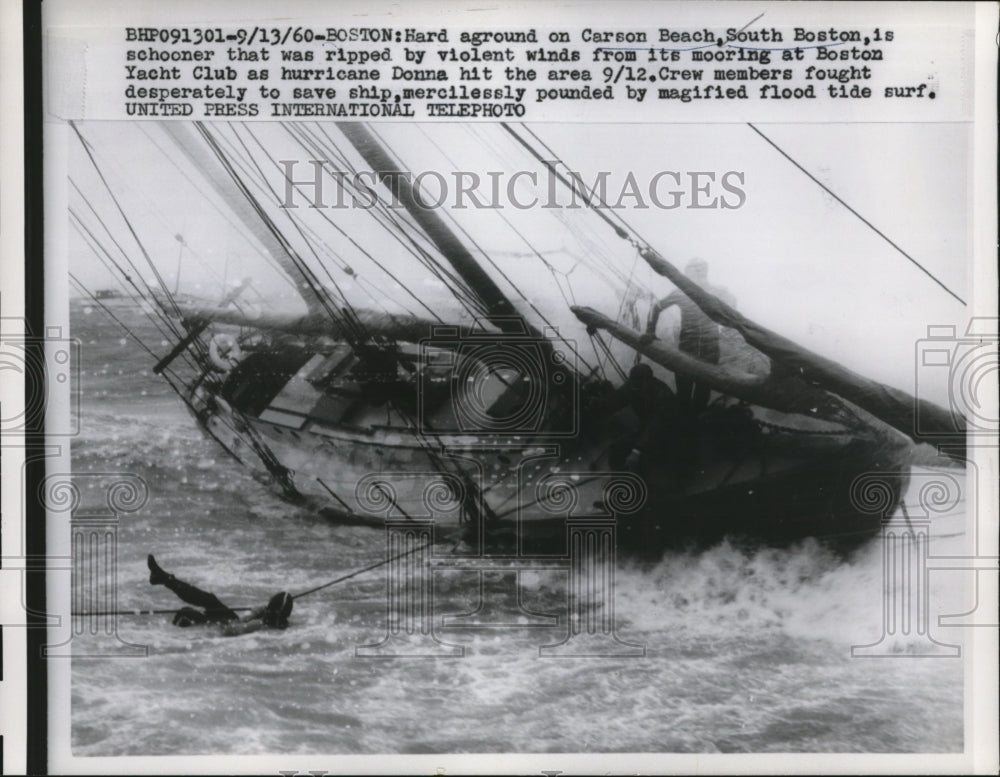 1960 Press Photo Schooner ripped by violent winds at Boston Yacht Club- Historic Images