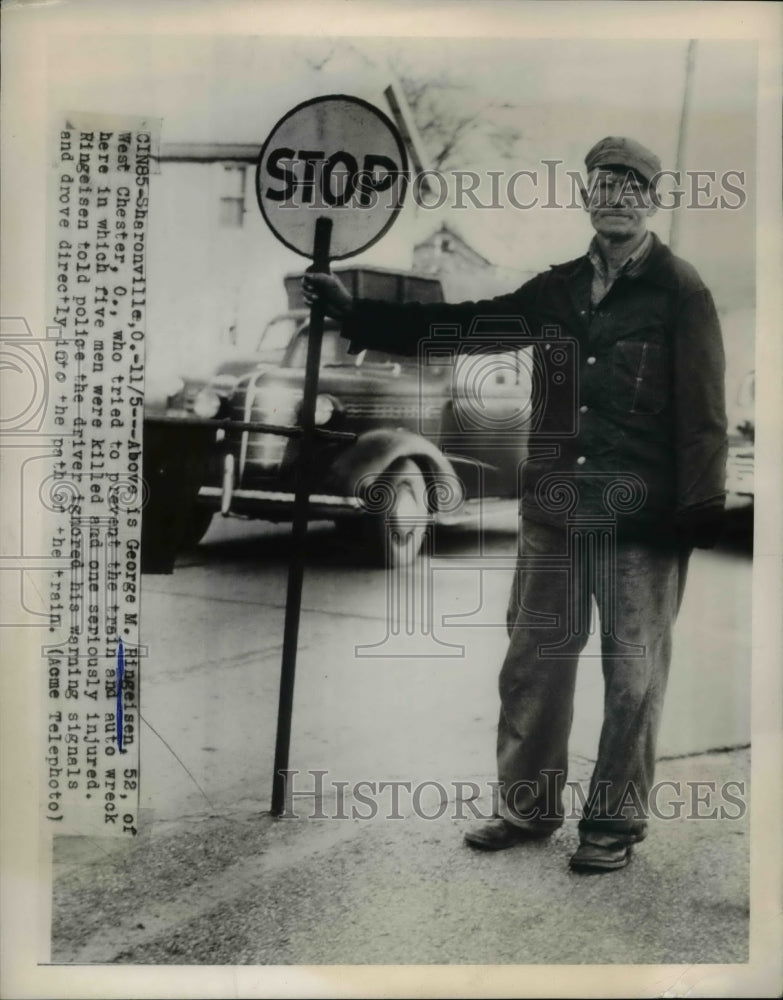 1949 Press Photo George Ringeisen tries to prevent a car/train crash. killed 5 - Historic Images