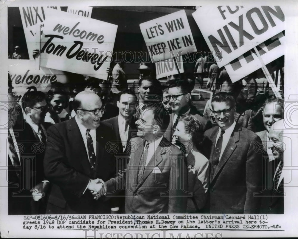 1956 Press Photo Leonard Hall greets GOP candidate Thomas E. Dewey Cow Palace Ca - Historic Images