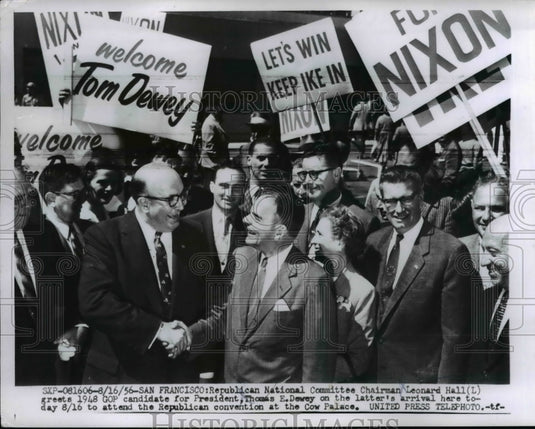 1956 Press Photo Leonard Hall greets GOP candidate Thomas E. Dewey Cow Palace Ca - Historic Images