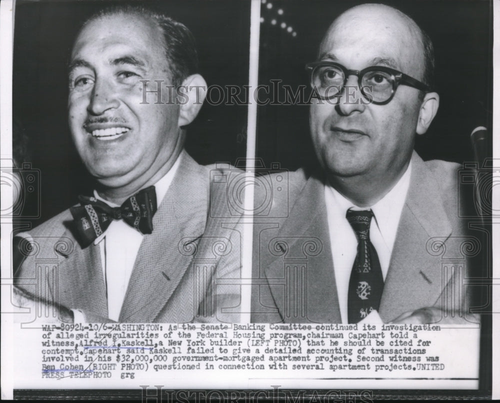 1954 Press Photo Witness Alfred I Kaskelll at Senate Banking Committee Investiga - Historic Images
