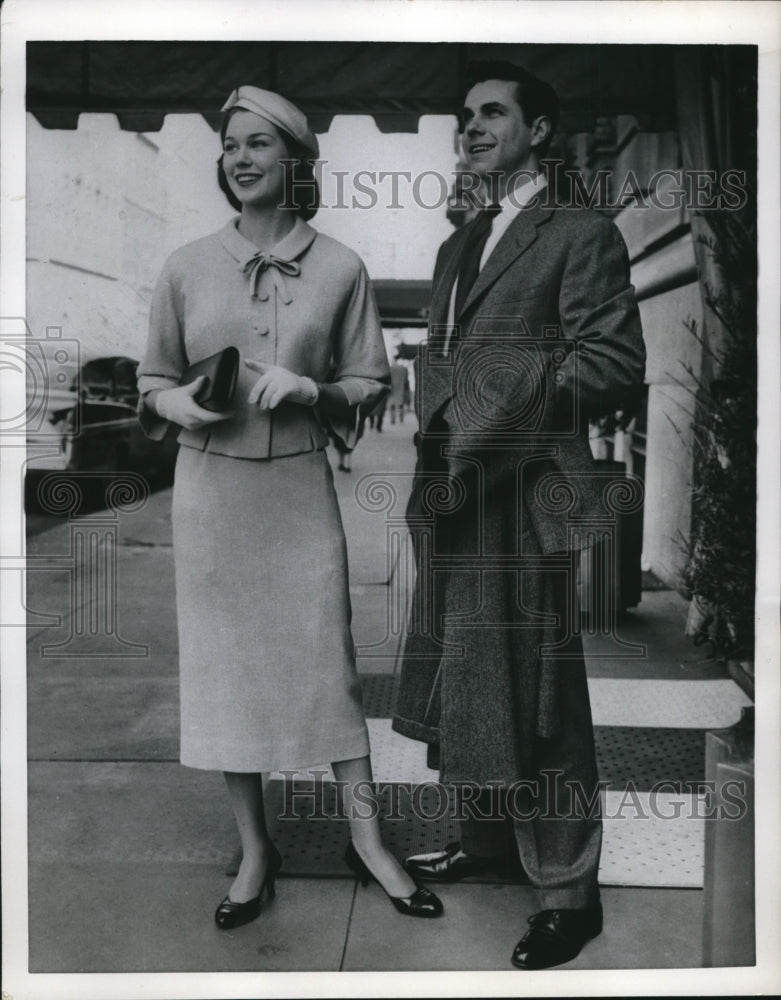 1957 Press Photo Modeling Tweed Suit for the Bride - Historic Images