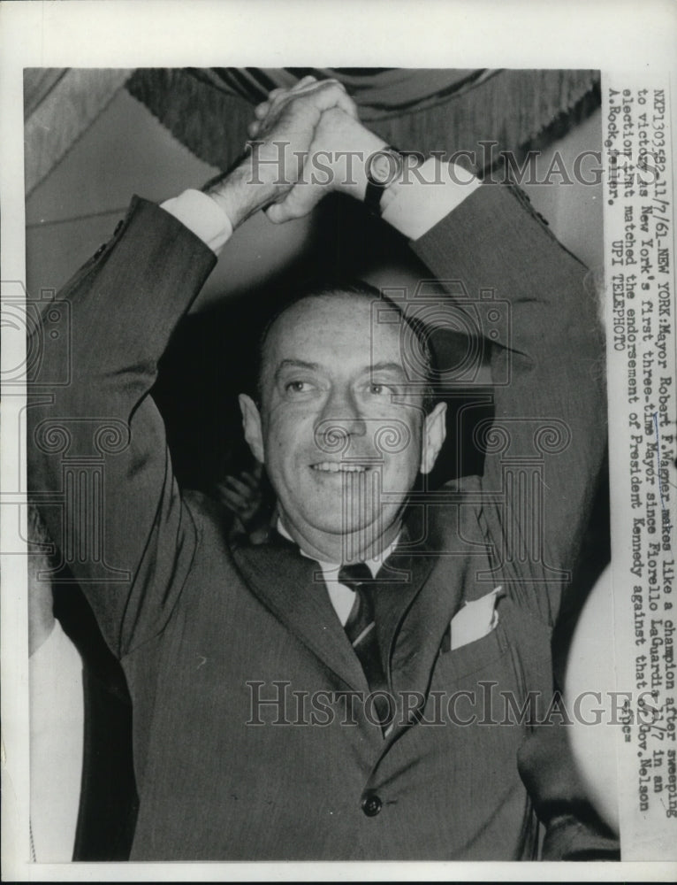 1961 Press Photo NYC Mayor Robert Wagner wins 3rd election campaign - Historic Images