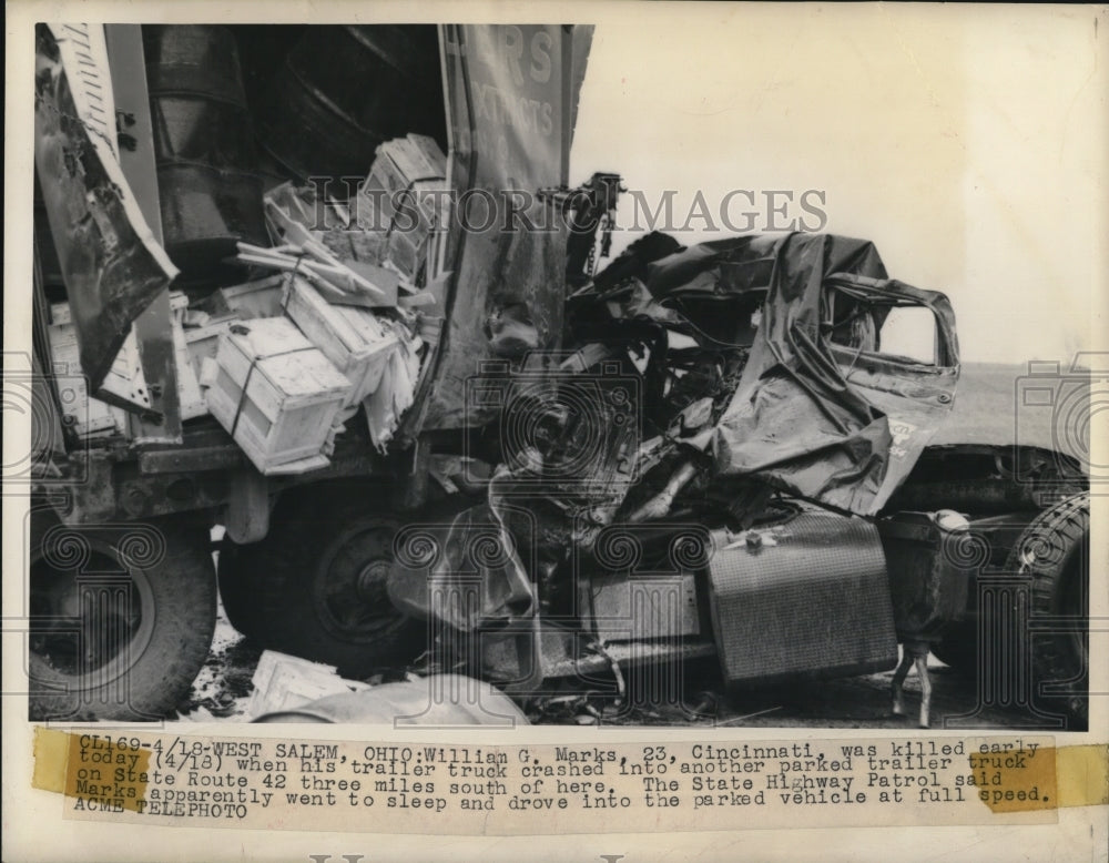 1949 Press Photo West Salem Ohio William Marks killed in semi truck crash - Historic Images