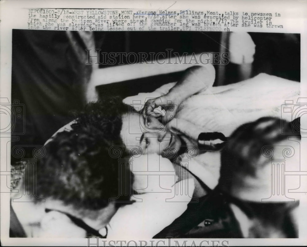 1959 Press Photo Verona Holmes After Evacuation by Helicopter, Madison River - Historic Images