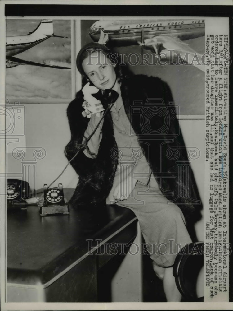 1952 Mrs David Speck in NY Airport After Flight from London - Historic Images