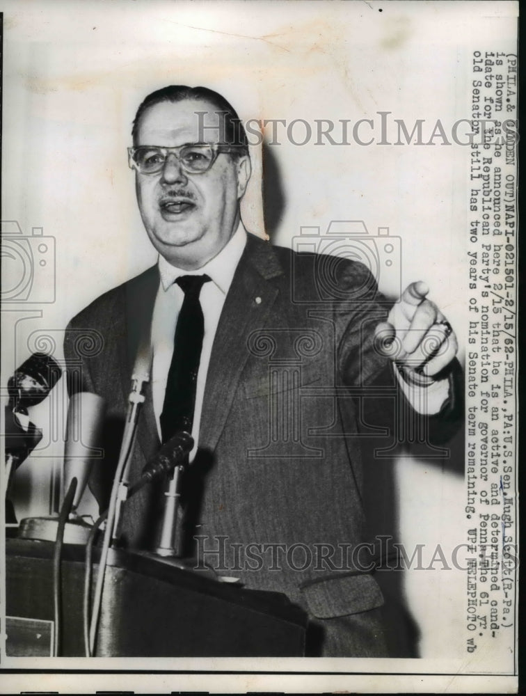 1962 Press Photo Sen. Phila, PA Hugh Scott annoucning he&#39;s republican-Historic Images